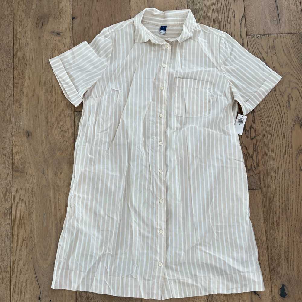 Old Navy Striped Mini Shirt Dress Medium Neutral Stripe 100% cotton Tan Sleeve